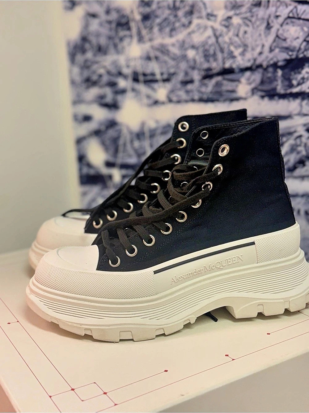 Alexander McQueen Tread Slick Lace-Up Sneakers Black & White
